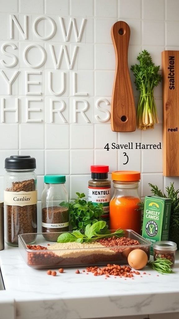 A variety of spices and herbs arranged on a kitchen counter, showcasing ingredients for budget meal prep.