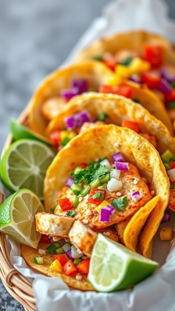 Spicy air fryer fish tacos with fresh toppings and lime wedges