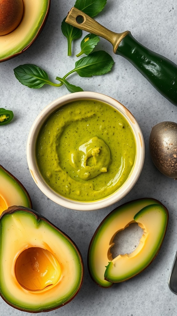 A bowl of Spicy Avocado Green Sauce surrounded by fresh ingredients like avocado halves and herbs.