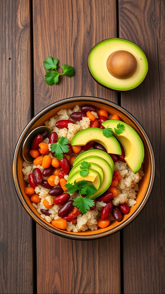 A colorful spicy bean and rice bowl with avocado slices and fresh cilantro