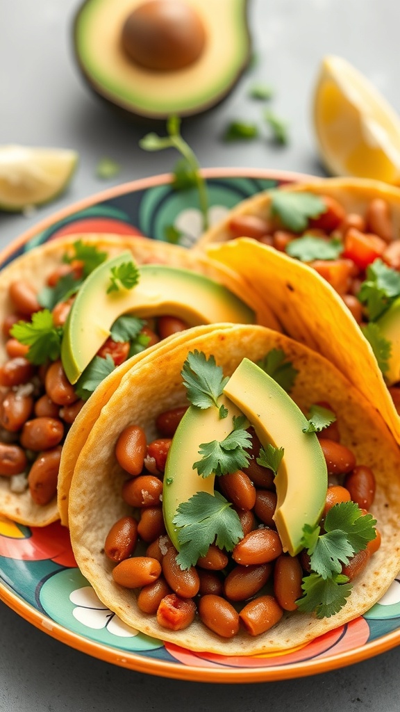 Spicy bean tacos with avocado slices and cilantro on a colorful plate.