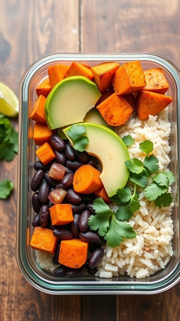 A meal prep container filled with spicy black beans, roasted sweet potatoes, avocado slices, and rice garnished with cilantro.