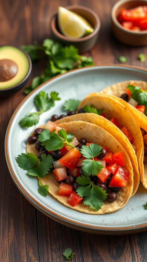Delicious spicy black bean tacos topped with tomatoes and cilantro.