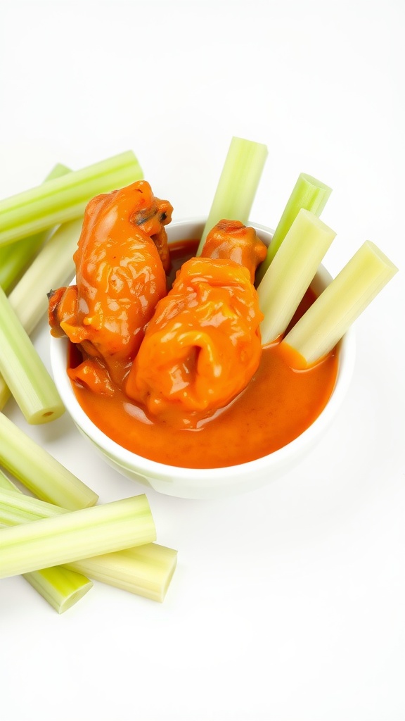 A bowl of spicy buffalo sauce with celery sticks