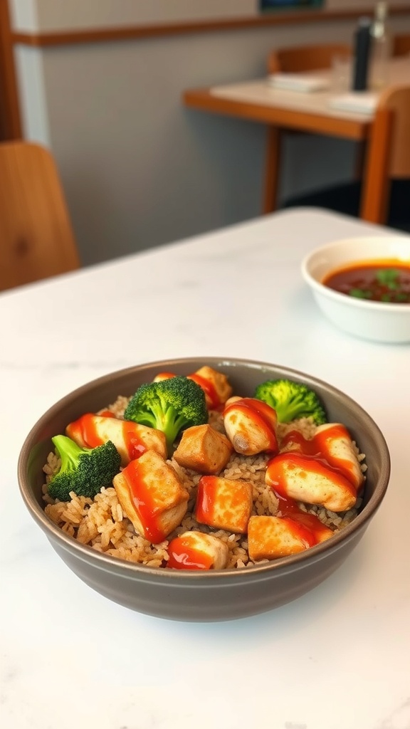 Spicy Chicken and Brown Rice Bowl with broccoli and sauce