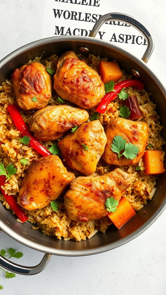 A pan filled with spicy chicken thighs and colorful rice with peppers