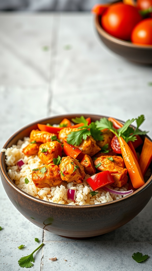 A bowl of spicy chicken and rice topped with colorful vegetables and fresh cilantro.