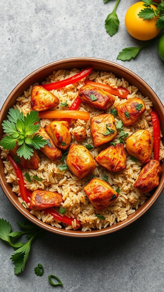 A delicious bowl of spicy chicken and rice with colorful peppers and garnished with fresh herbs.