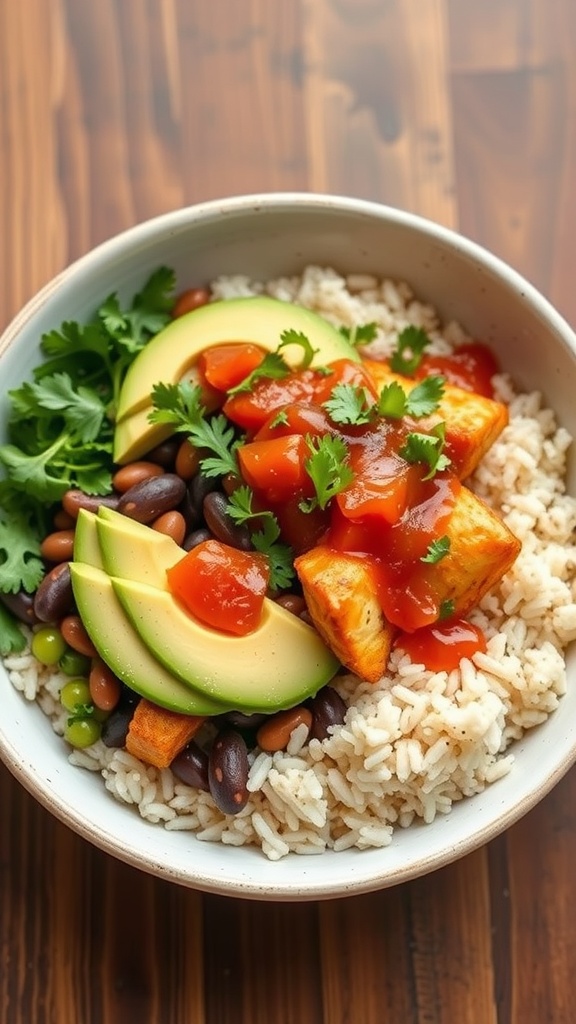 A delicious Spicy Chicken Burrito Bowl with rice, black beans, avocado, and salsa.