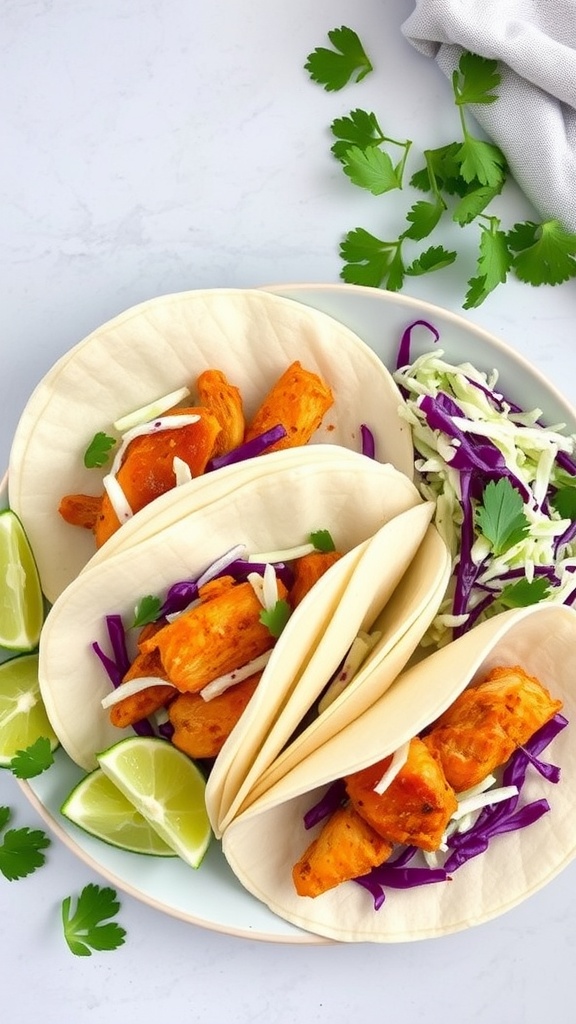 Spicy chicken tacos with cabbage slaw and lime wedges