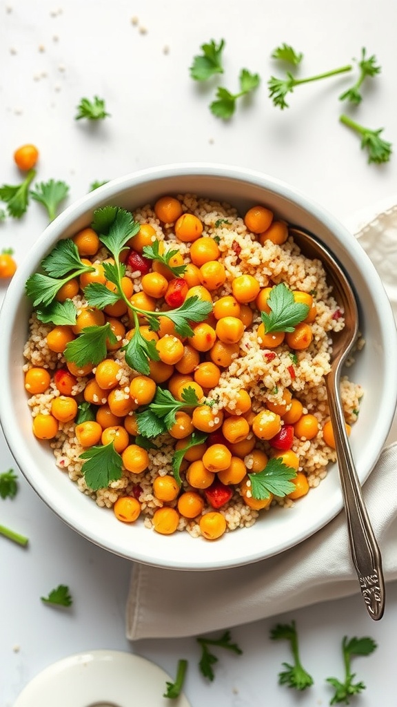 A colorful spicy chickpea and quinoa bowl garnished with fresh herbs.