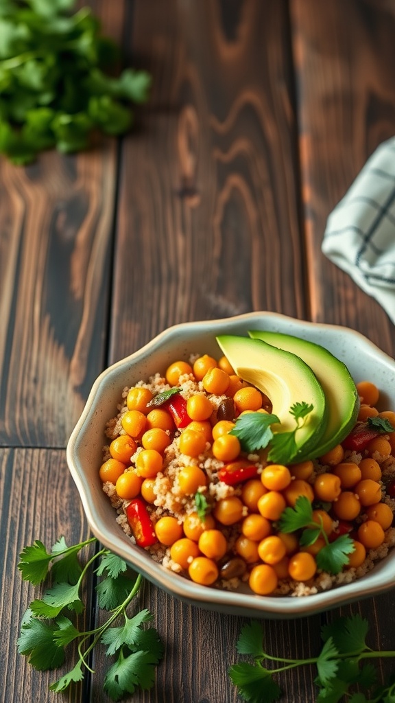 A vibrant bowl of spicy chickpeas and quinoa topped with avocado slices and fresh herbs.