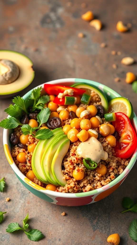 A colorful bowl of spicy chickpea and quinoa with avocado, bell peppers, and tahini sauce.