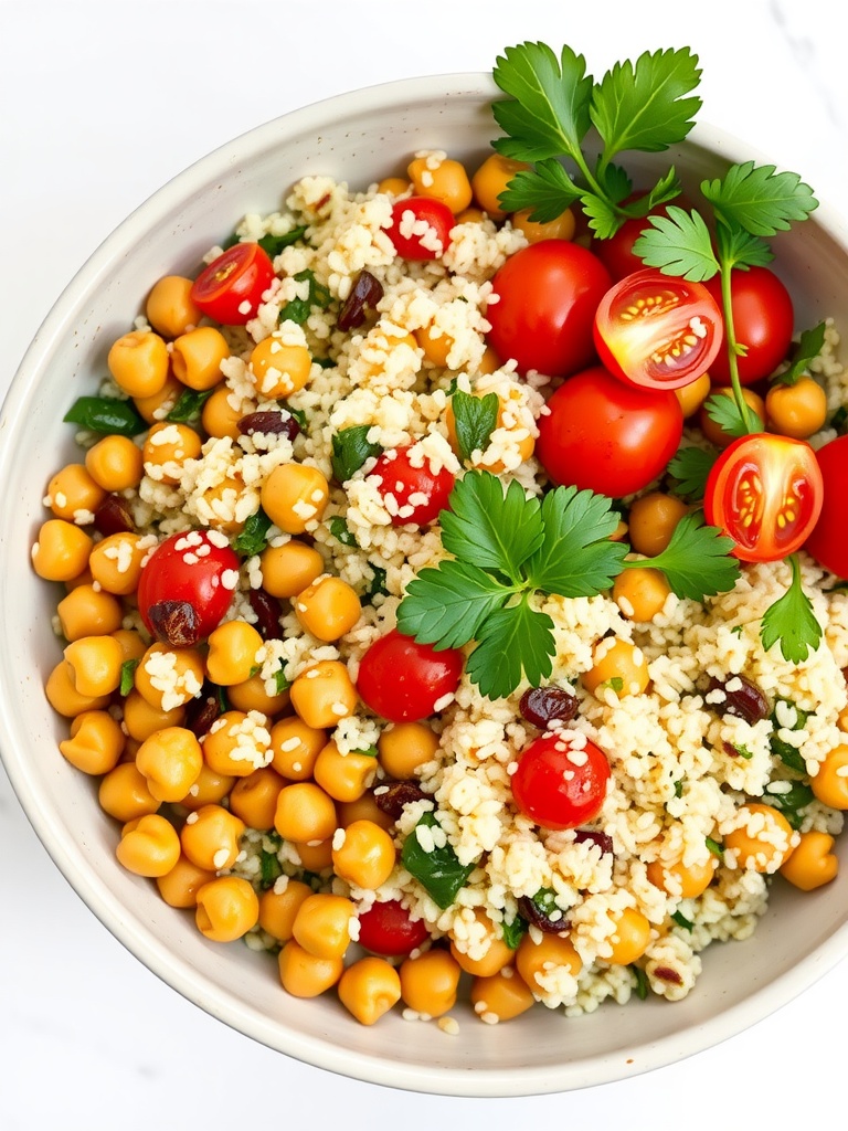 A bowl of spicy chickpea and quinoa salad with cherry tomatoes and parsley