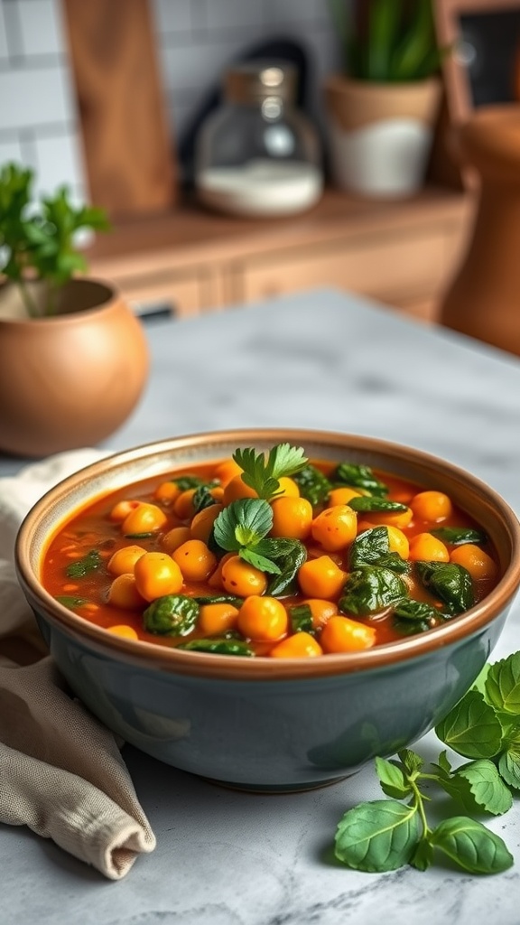 A bowl of spicy chickpea and spinach stew, garnished with fresh cilantro.