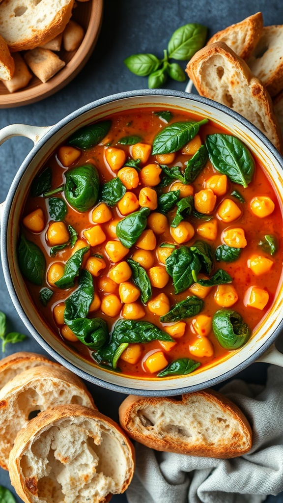 A hearty pot of spicy chickpea and spinach stew with bread on the side.