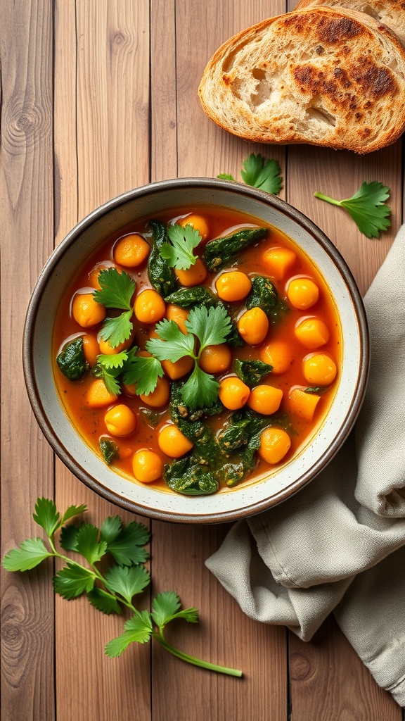 A bowl of spicy chickpea and spinach stew with fresh cilantro and slices of toasted bread on a wooden table.