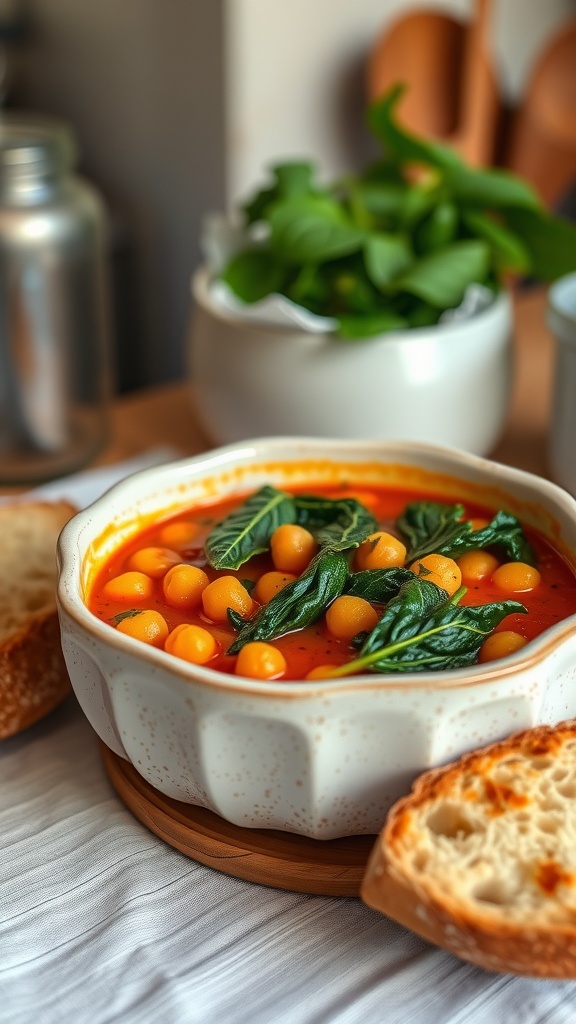 A bowl of spicy chickpea and spinach stew with bread on the side