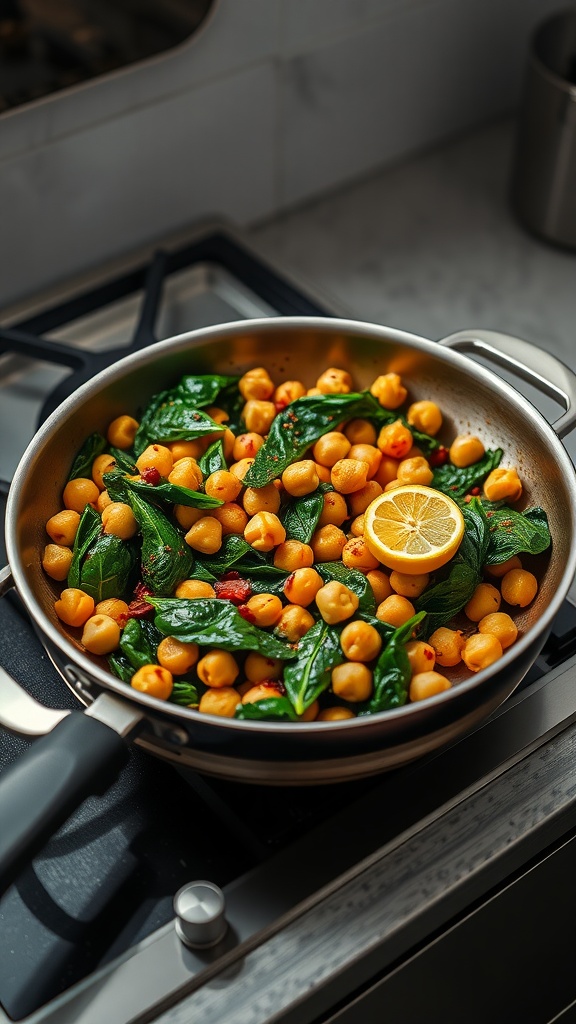 A vibrant stir-fry dish featuring chickpeas and fresh spinach with a slice of lemon on top.