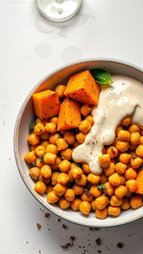 A delicious bowl of spicy chickpeas and roasted sweet potatoes, garnished with yogurt and fresh herbs.