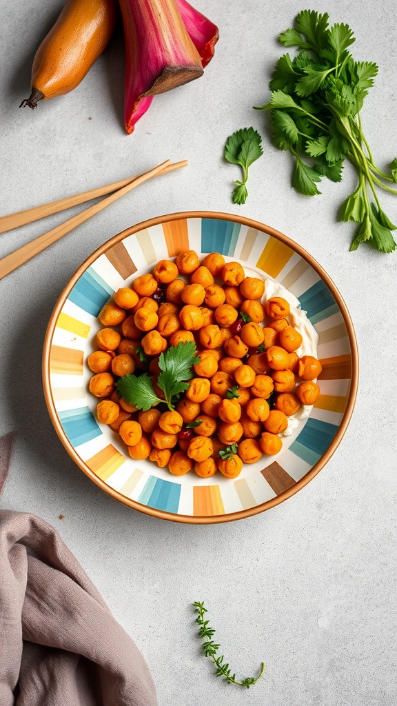 A colorful bowl with spicy chickpeas and sweet potatoes, garnished with cilantro.