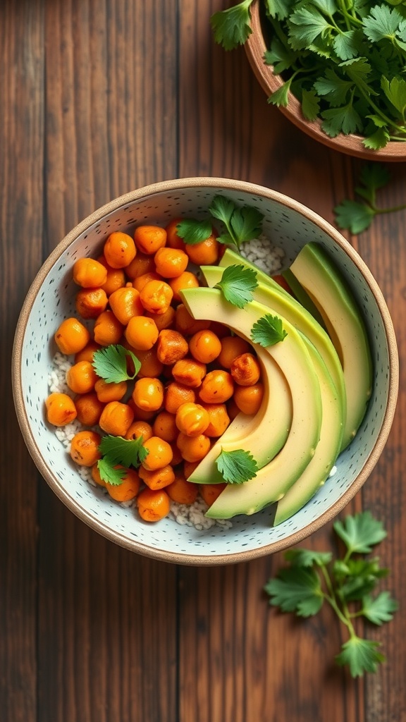 A bowl filled with spicy chickpeas, sweet potato, and avocado slices, garnished with cilantro.