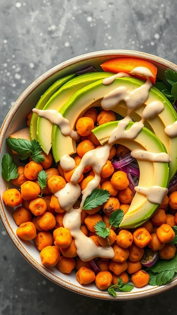 A colorful bowl featuring roasted chickpeas, sweet potatoes, avocado slices, and tahini dressing.
