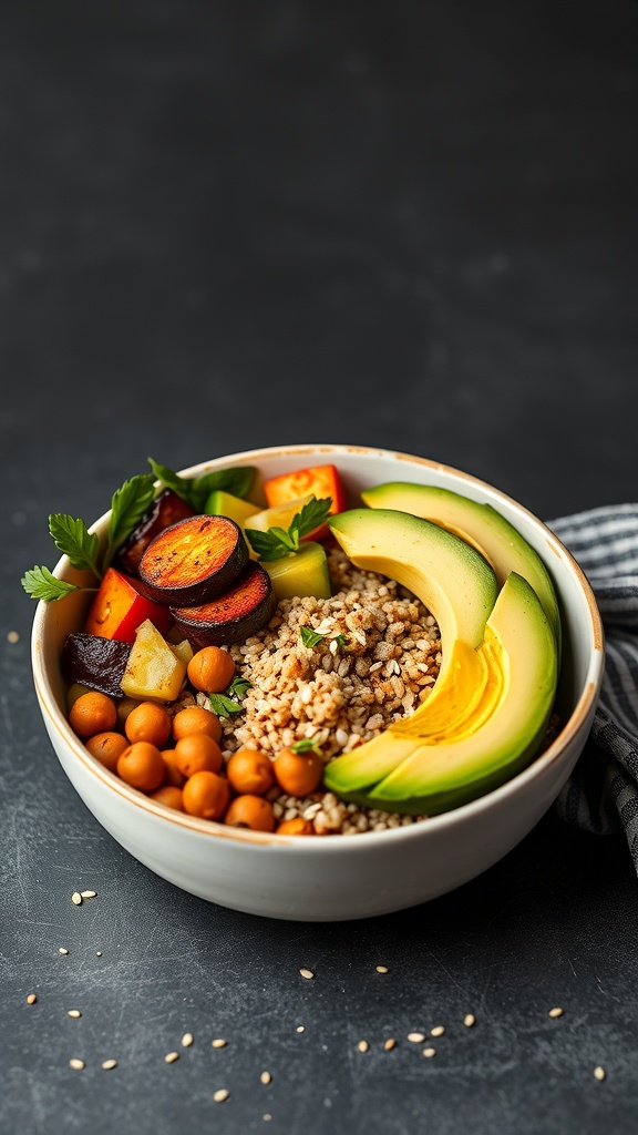 A colorful Spicy Chickpea Buddha Bowl with chickpeas, avocado, and mixed vegetables.