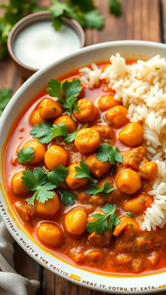 Bowl of spicy chickpea curry with rice and cilantro