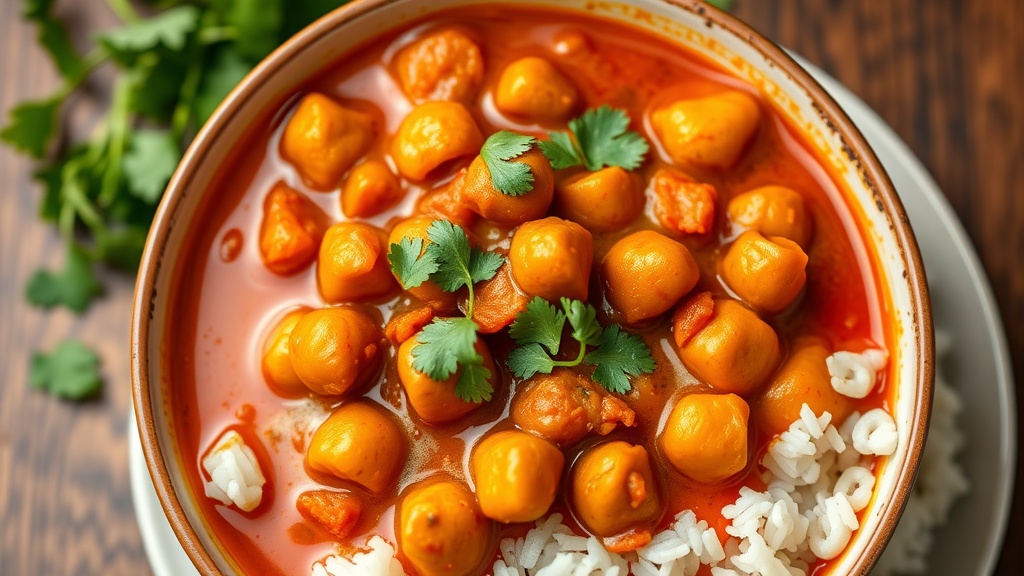 A bowl of spicy chickpea curry served over rice, garnished with fresh cilantro.