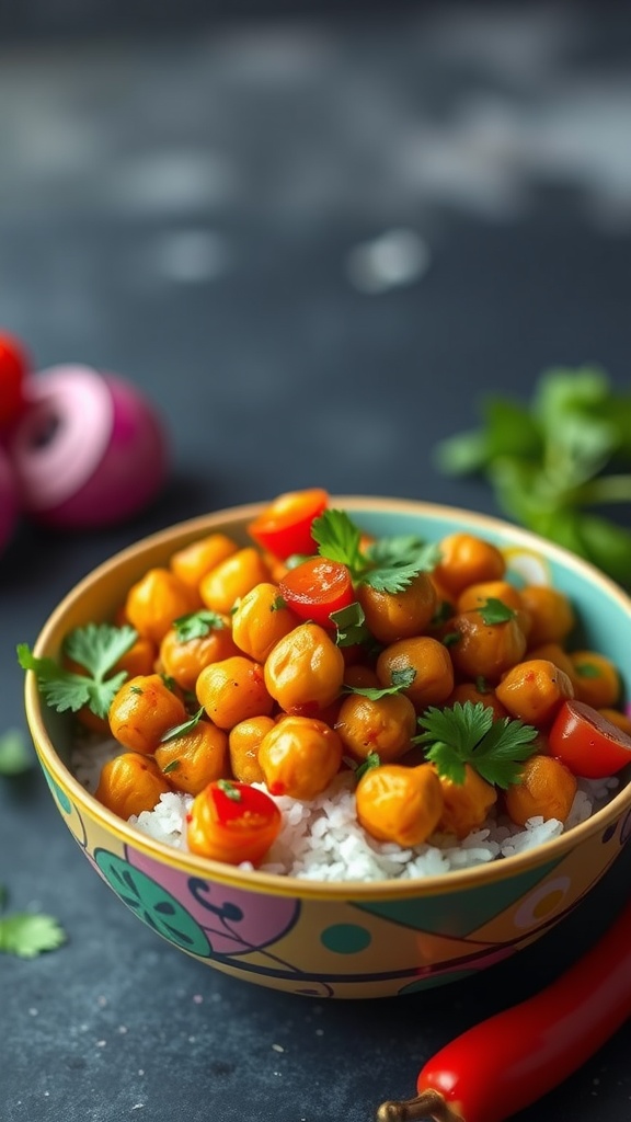 A colorful bowl of spicy chickpea stir-fry served over rice, garnished with cilantro and cherry tomatoes.