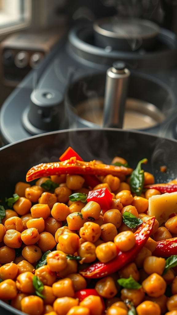 A colorful spicy chickpea stir-fry with bell peppers and spinach.