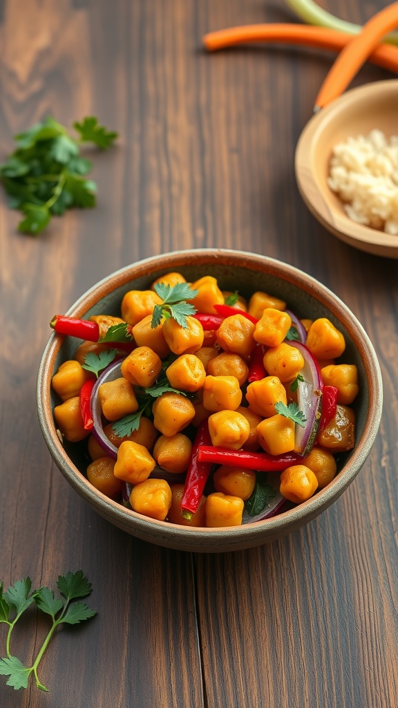 A bowl of spicy chickpea stir-fry with colorful vegetables.
