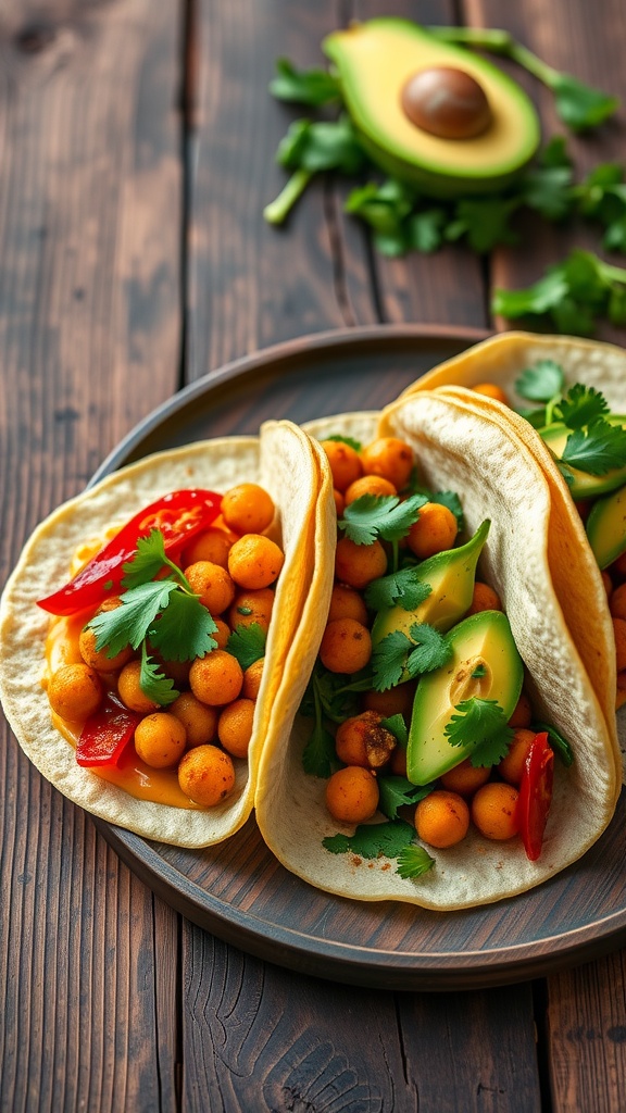 Delicious spicy chickpea tacos with avocado and cilantro