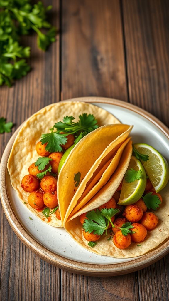 A plate of spicy chickpea tacos garnished with cilantro and lime.