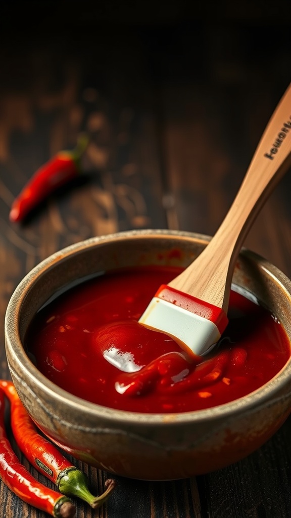 A bowl of spicy chipotle BBQ sauce with a wooden spatula and fresh chili peppers.