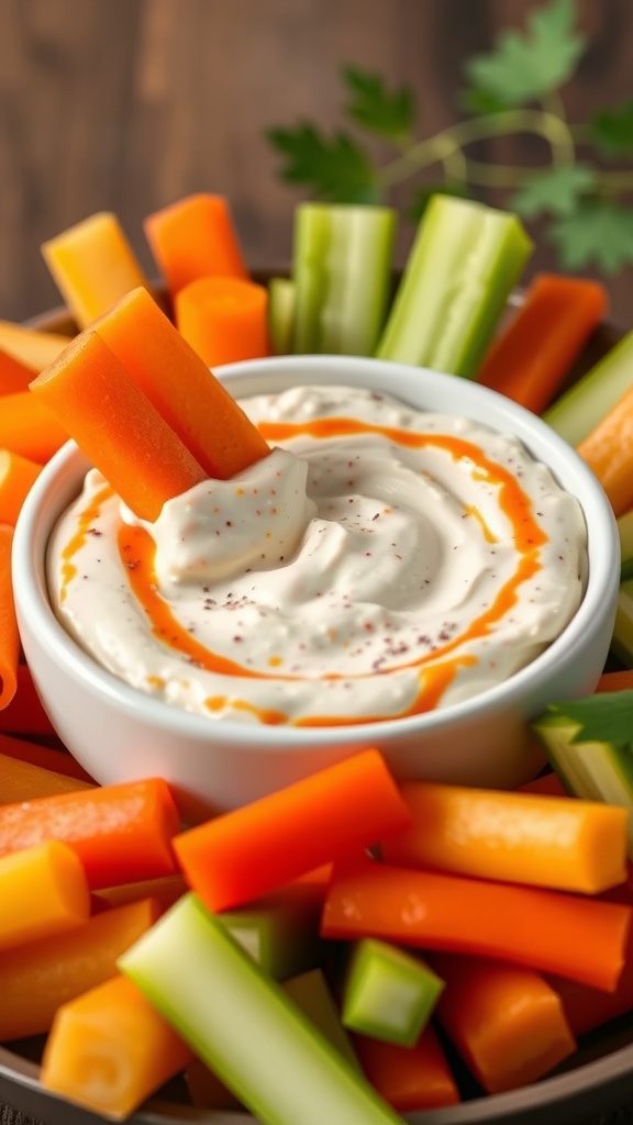 A bowl of Spicy Chipotle Ranch Dip surrounded by colorful vegetable sticks.