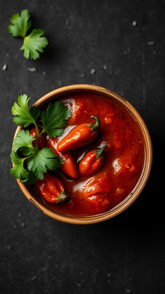 A vibrant bowl of spicy chipotle sauce garnished with chili peppers and fresh herbs.