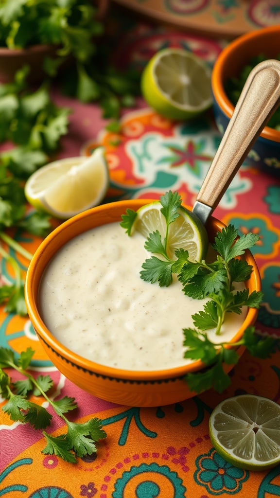 A bowl of spicy cilantro lime dressing garnished with lime slices and fresh cilantro.