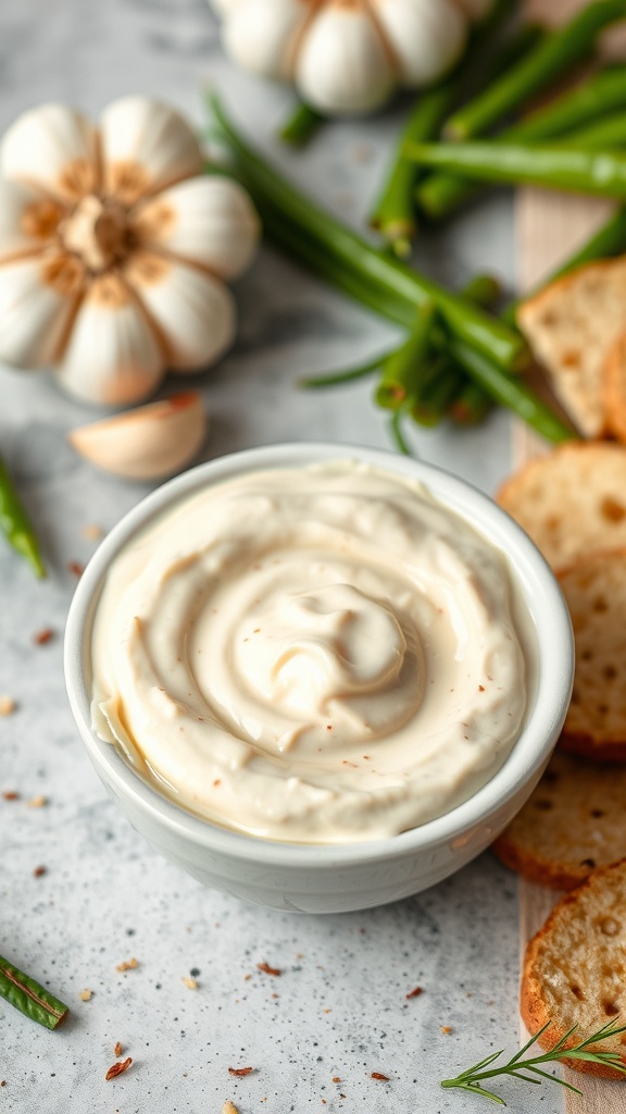 A bowl of creamy spicy garlic aioli surrounded by garlic cloves and herbs.