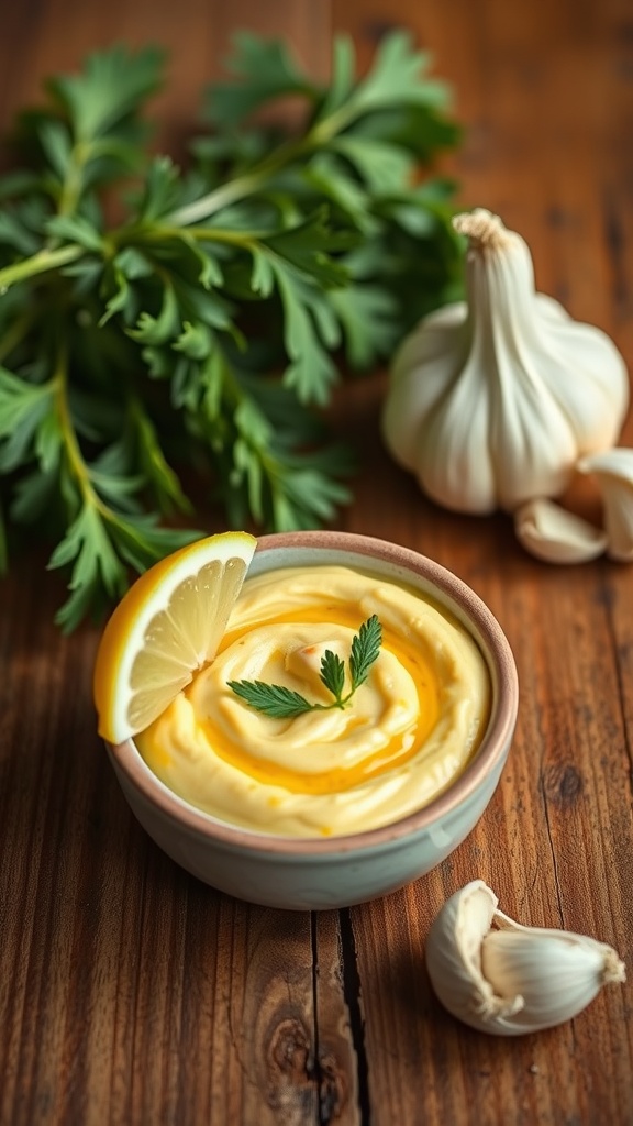 A bowl of spicy garlic aioli garnished with lemon and herbs on a wooden table