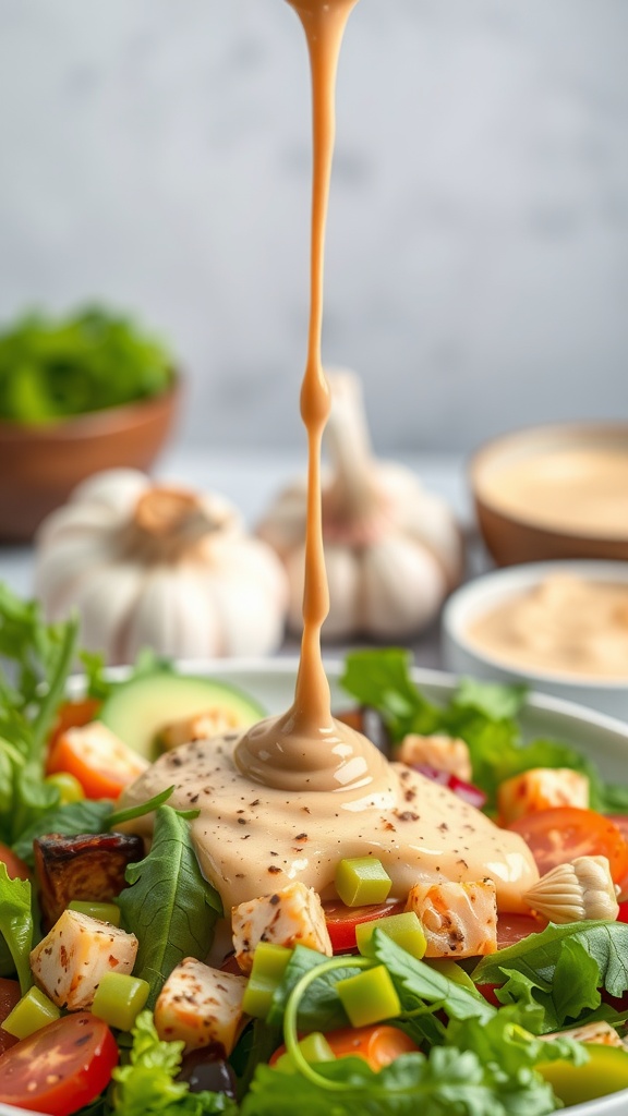 A creamy, spicy garlic tahini sauce drizzling over a fresh salad.