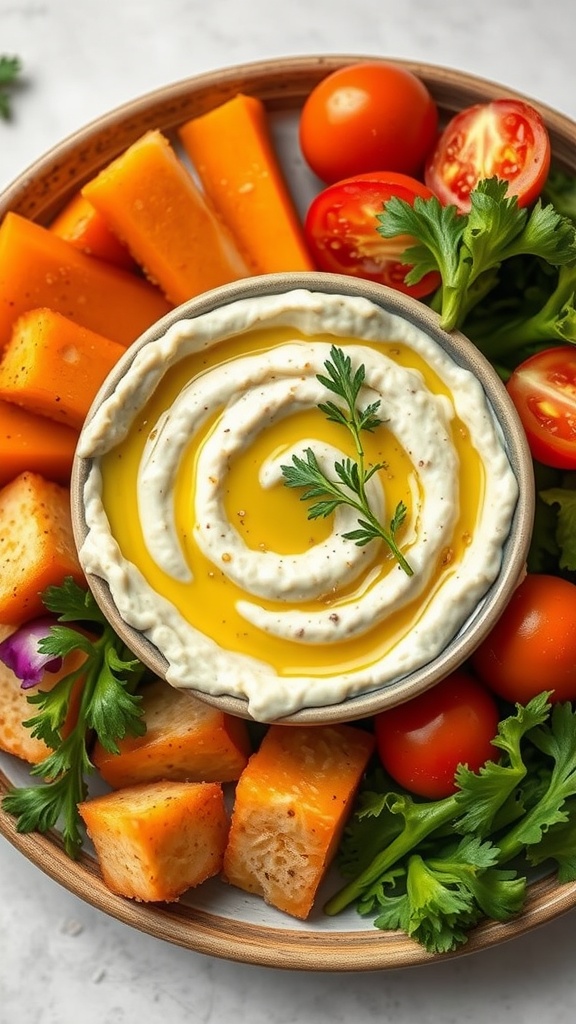 A bowl of creamy spicy garlic tahini sauce surrounded by fresh vegetables and herbs
