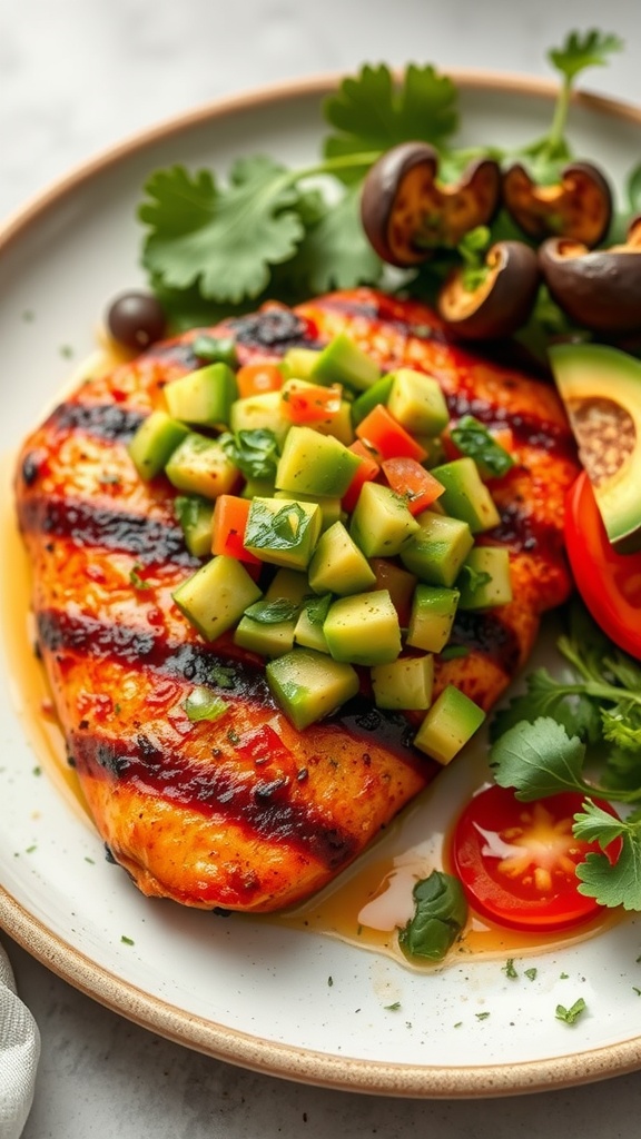A plate of spicy grilled chicken topped with avocado salsa, garnished with fresh herbs and vegetables.