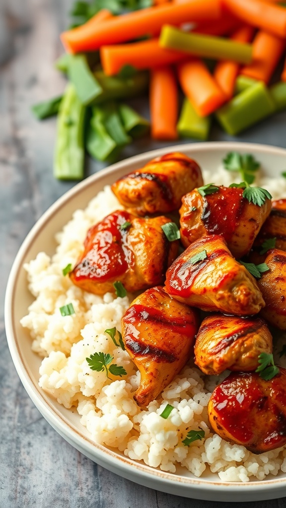 A plate of spicy grilled chicken served over cauliflower rice garnished with fresh herbs.