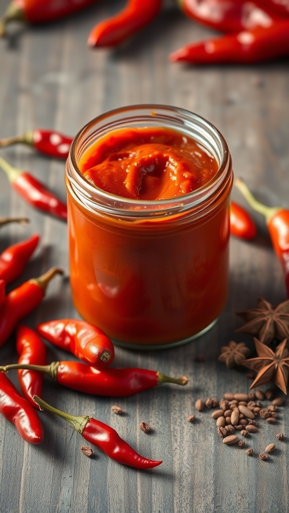 A jar of spicy harissa paste with red chilies and spices around it.