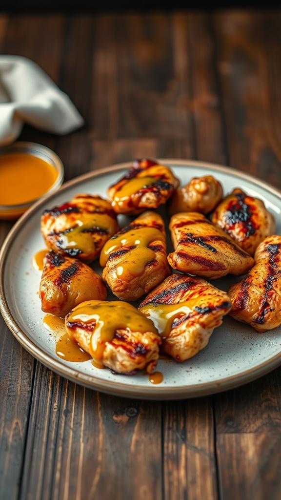 A plate of grilled chicken drizzled with a spicy honey mustard glaze