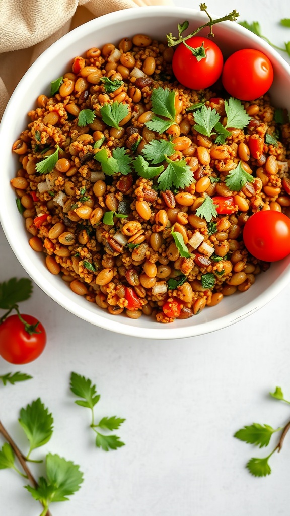 A colorful bowl of spicy lentil and quinoa salad garnished with fresh herbs and tomatoes.