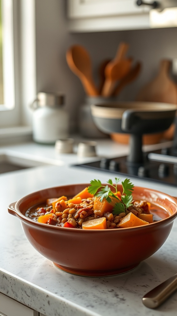 A bowl of spicy lentil and sweet potato stew garnished with fresh herbs, set on a kitchen counter.