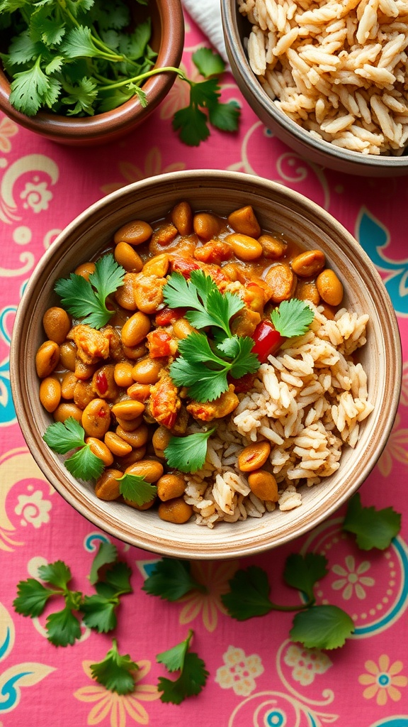 A bowl of spicy lentil curry served with rice, garnished with cilantro on a colorful tablecloth.